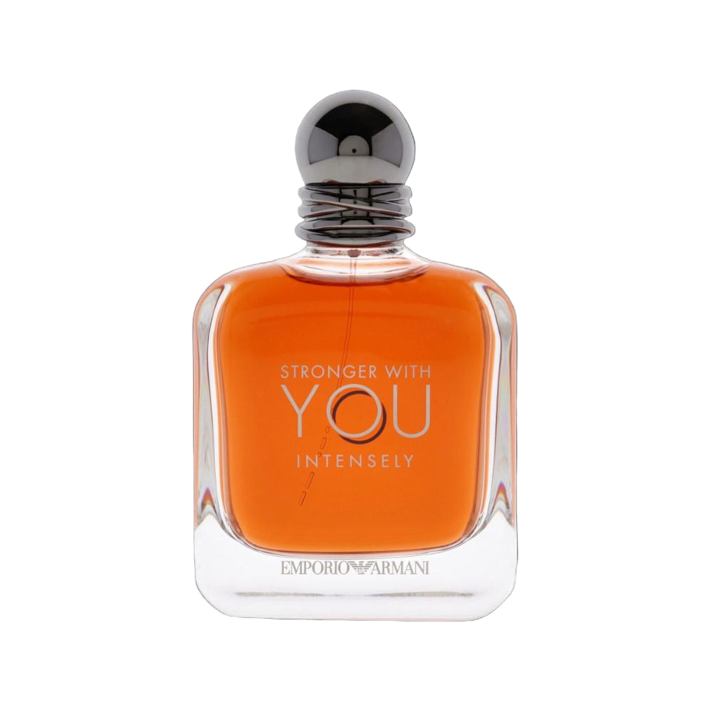 Perfume bottle with 'Stronger with You Intensely' text on a white background