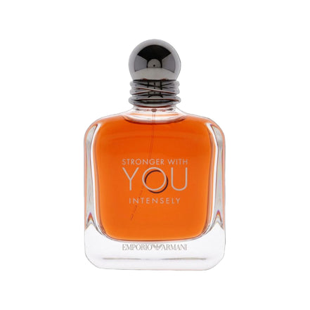 Perfume bottle with 'Stronger with You Intensely' text on a white background