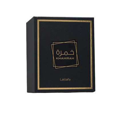 Black box with gold accents featuring the brand 'Khamrah' on a white background