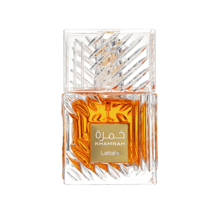 Khamrah Lattara perfume bottle with intricate design on a white background