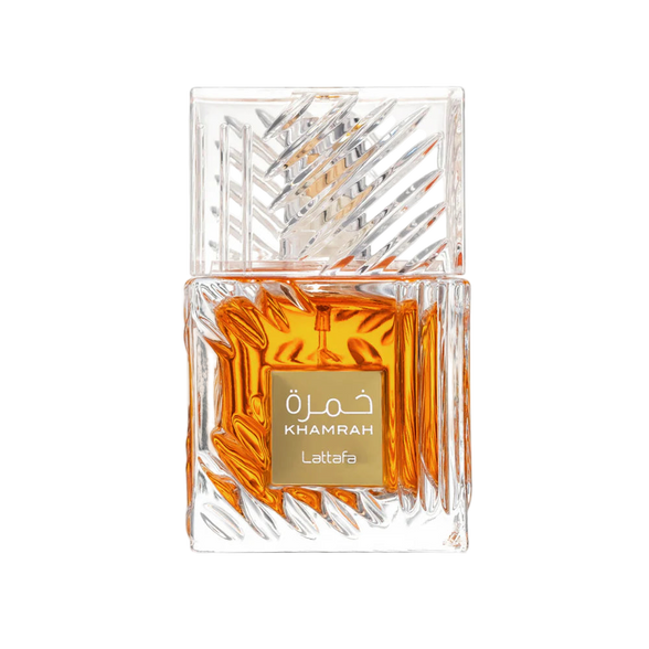 Khamrah Lattara perfume bottle with intricate design on a white background